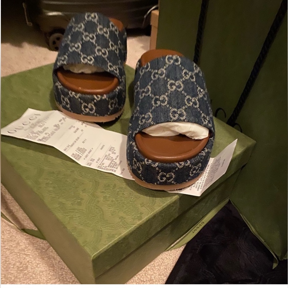 Gucci platform slides with a denim look. Very stylish